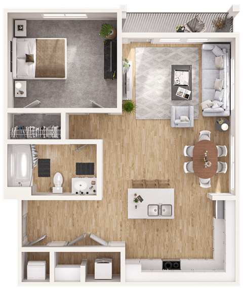 Floor plan for 1 bed, 1 bath, 738 sqft